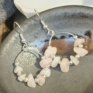 Hand Crafted Baroque Rose Quartz Gemstone Sterling Silver Plated Hoop Earrings